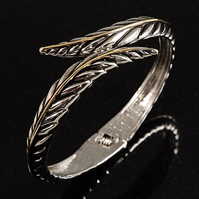 Two- Tone Leaf Bangle Bracelet (Silver&Gold Tone) - main view