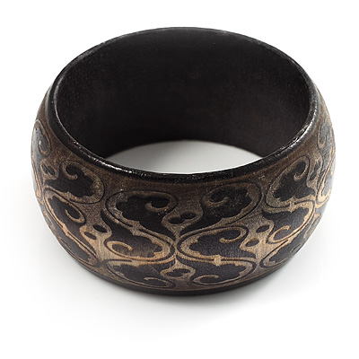 Wide Dark Brown Etched Wooden Bangle - main view