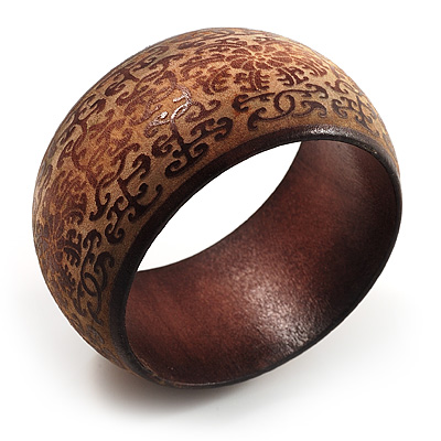 Wide Brown Etched Wooden Bangle - main view