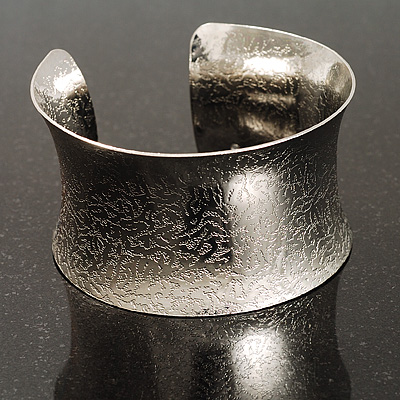 Silver Tone Wide Etched Cuff Bangle - main view