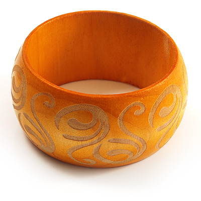 Wide Yellow Etched Wooden Bangle - main view