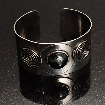 Hematite Button and Duo-Twirl Stainless Steel Bangle - main view