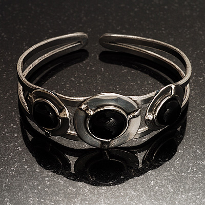 Stainless Steel Bangle with 3 Black Onyx Button-Shaped Stones - main view