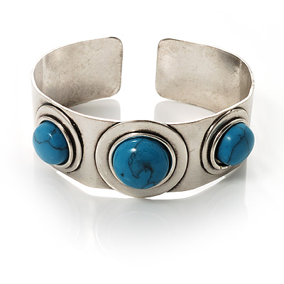 Stainless Steel Bangle with 3 Turquoise Button-Shaped Stones - main view