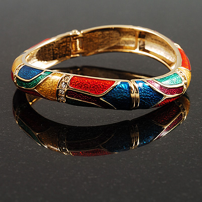 Gold Tone Curvy Enamel Crystal Hinged Bangle Bracelet (Multicoloured) - main view