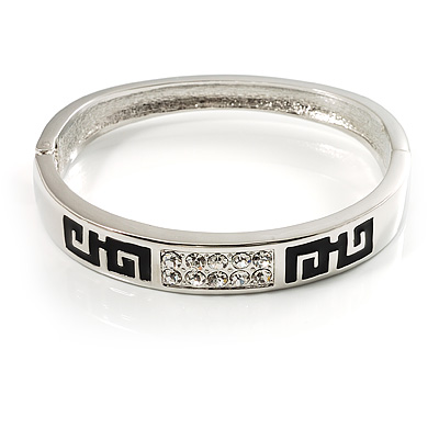 Greek Style Crystal Hinged Bangle Bracelet (Silver Tone) - main view