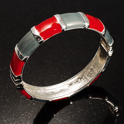 Red&Grey Segmental Enamel Hinged Bangle Bracelet (Silver Tone) - main view
