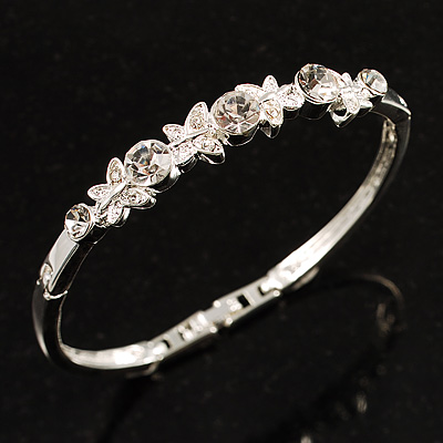 Clear Crystal Butterfly Bangle Bracelet (Rhodium Plated) - main view