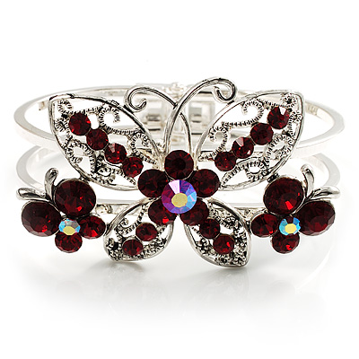Swarovski Crystal Butterfly Hinged Bangle Bracelet (Silver&Red) - main view