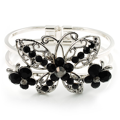 Swarovski Crystal Butterfly Hinged Bangle Bracelet (Silver&Jet Black)