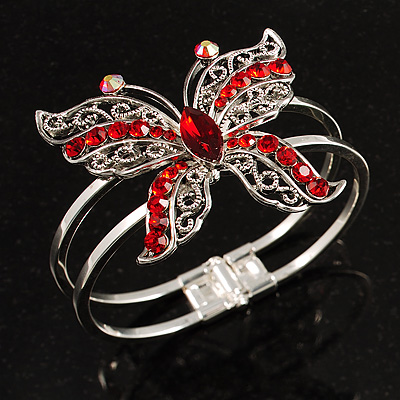 Stunning Crystal Butterfly Hinged Bangle Bracelet (Silver&Hot Red) - main view