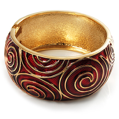 Wide Swirl Pattern Red Enamel Hinged Bangle Bracelet (Gold Tone) - main view