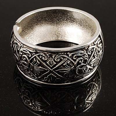 Wide Burnished Silver-Plated Ethnic Bangle Bracelet (Hinged) - main view