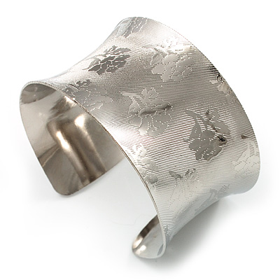 Silver Tone Wide Etched Floral Cuff Bangle - main view