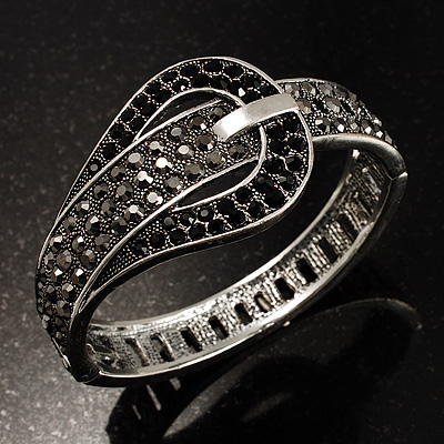 Swarovski Crystal Belt Hinged Bangle Bracelet (Silver&Black) - main view