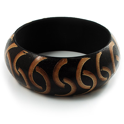 Wide Wood Bangle With Bamboo Swirls(Brown & Beige) - main view