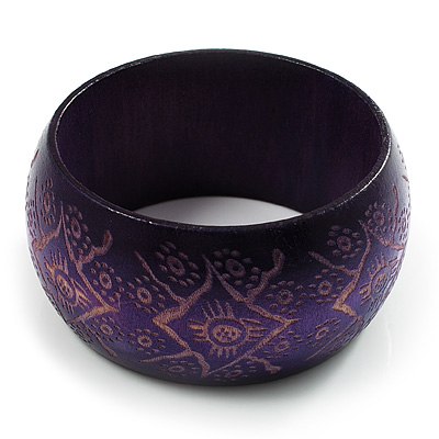 Wide Purple Etched Wooden Bangle - main view