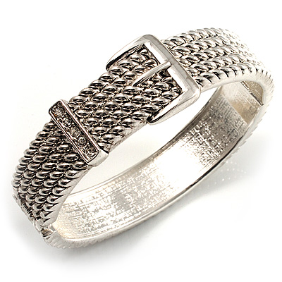 Textured Silver Tone Crystal Belt Hinged Bangle Bracelet - main view