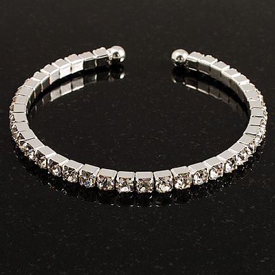 Clear Crystal Thin Flex Bangle Bracelet (Silver Tone)