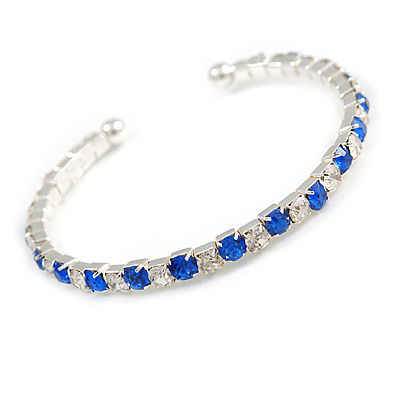 Clear&Blue Crystal Thin Flex Bangle Bracelet (Silver Tone) - main view