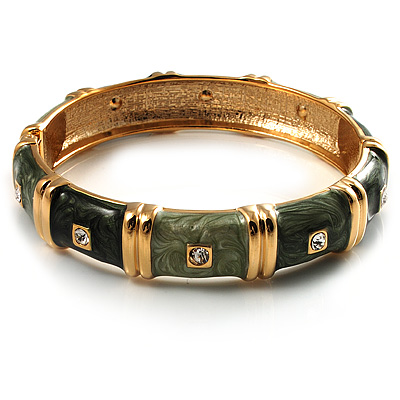 Chic Olive Green CZ Segmental Hinged Bangle Bracelet (Gold Tone) - main view