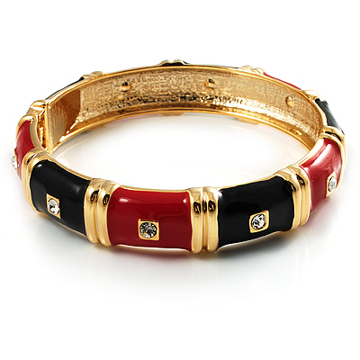 Chic Black And Red CZ Segmental Hinged Bangle Bracelet (Gold Tone) - main view
