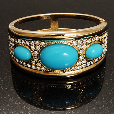Wide Gold Tone Turquoise Style Crystal Hinged Bangle - Catwalk 2011 - main view