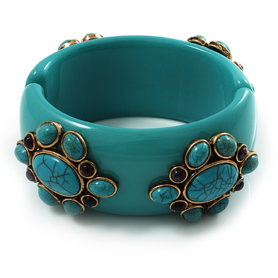 Turquoise Floral Resin Magnetic Bangle (Burn Gold) - Catwalk 2011 - main view