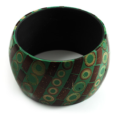 Wide Patterned Shell Bangle (Green & Brown)