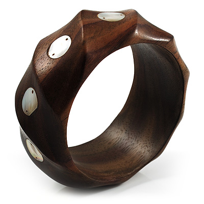 Twisted Chunky Wood Bangle with Shell Inlay (Brown) - Medium - up to 18cm - main view