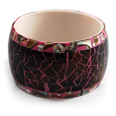 Chunky Wide Shell Bangle (Brown Grey & Bright Pink) - main view