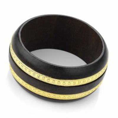 Dark Brown Chunky Wood Bangle With Gold Stripes - main view