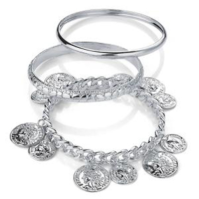 Patterned Greek Style Coin Metal Bangles - Set of 3 Pcs (Silver Tone) - main view