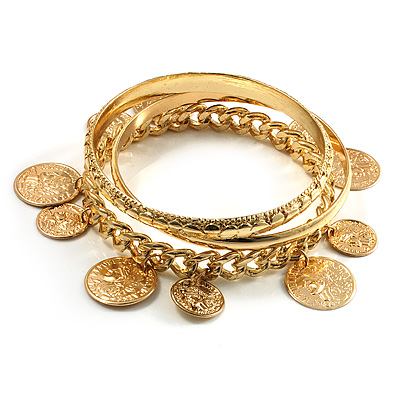 Patterned Greek Style Coin Metal Bangles - Set of 3 Pcs (Gold Tone) - main view
