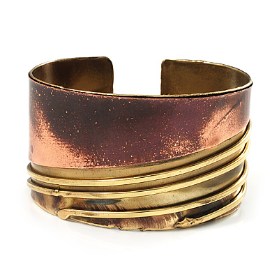Two-Tone Diagonal Wide Ethnic Cuff (Antique Gold&Red) - main view
