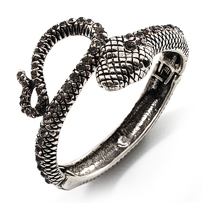 Vintage Diamante Snake Bangle Bracelet (Burn Silver Tone) - main view