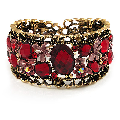 Bronze Tone Red Crystal Floral Cuff Bangle - main view