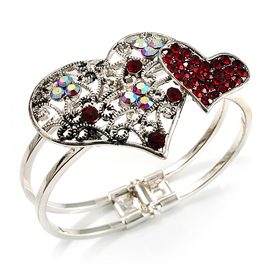 Ruby Red Diamante Heart Hinged Bangle Bracelet (Silver Tone) - main view