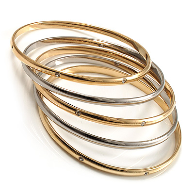 Gold & Silver Tone Diamante Metal Bangles- Set of 5 Pcs - main view