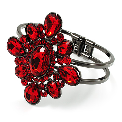 Hot Red Crystal Floral Hinged Bangle Bracelet (Gun Metal) - main view
