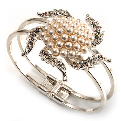 Bridal Imitation Pearl Flower Hinged Bangle Bracelet (Silver Tone) - main view