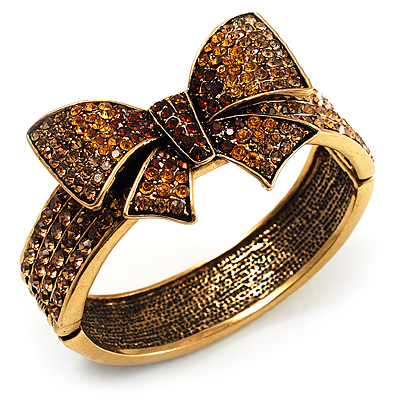 Swarovski Crystal Antique Gold Tone Bow Hinged Bangle Bracelet (Brown, Citrine, Amber Colour) - main view