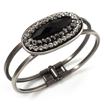 Vintage Black Oval Diamante Hinged Bangle Bracelet (Antique Silver Tone) - main view