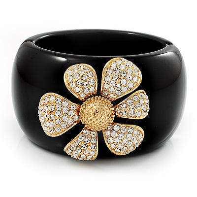 Black Resin Chunky Bangle with Gold Diamante Flower (Magnetic Closure) - main view