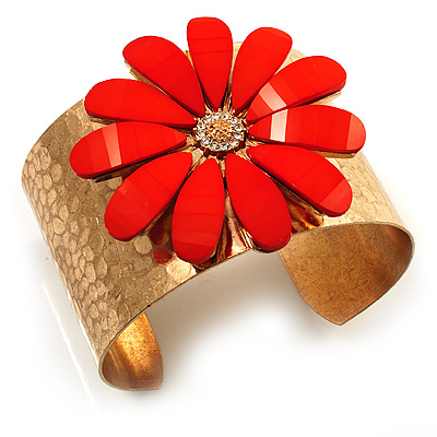 Wide Floral Hammered Gold Tone Cuff Bangle (Coral) - main view