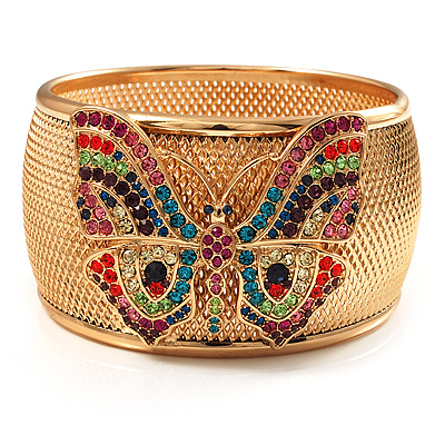 Wide Multicoloured Butterfly Mesh Bangle Bracelet (Gold Tone) - 18cm Length - main view