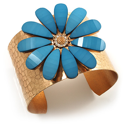 Wide Floral Hammered Gold Tone Cuff Bangle (Light Blue) - main view