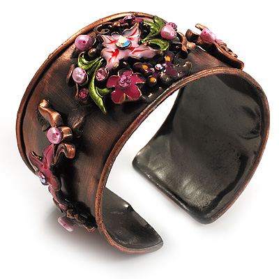 Copper Crystal Floral Enamel Cuff Bangle (Pink) - main view