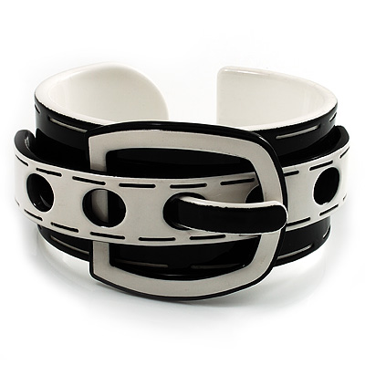 Stylish Chunky Acrylic Belt Cuff Bangle (Black & White) - up to 18cm wrist - main view