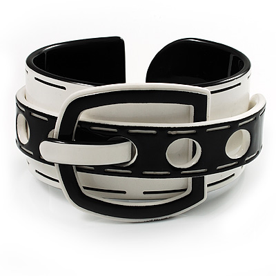 Stylish Chunky Acrylic Belt Cuff Bangle (White & Black) - up to 18cm wrist - main view